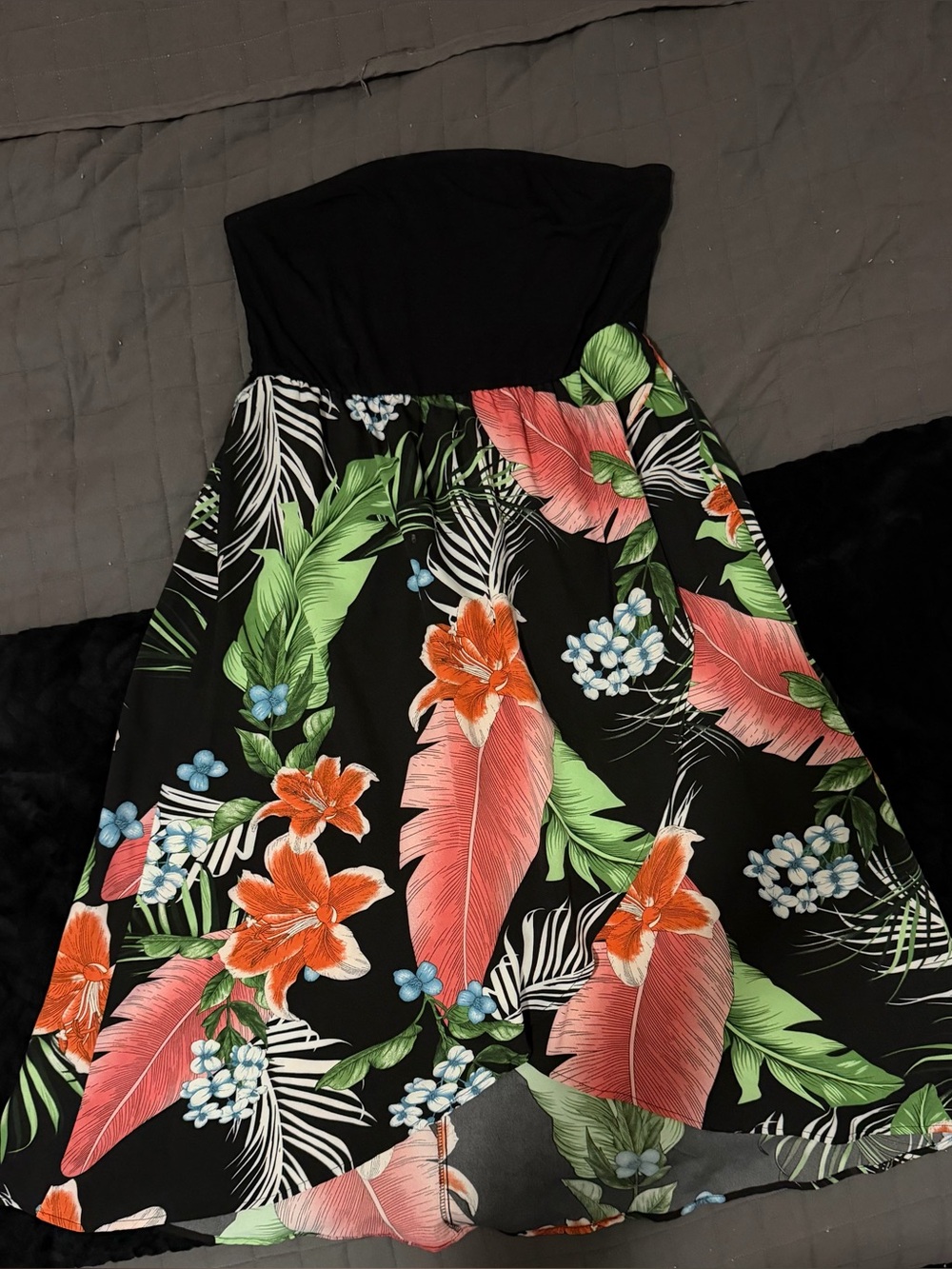 Black Tropical Floral Strapless Midi Dress